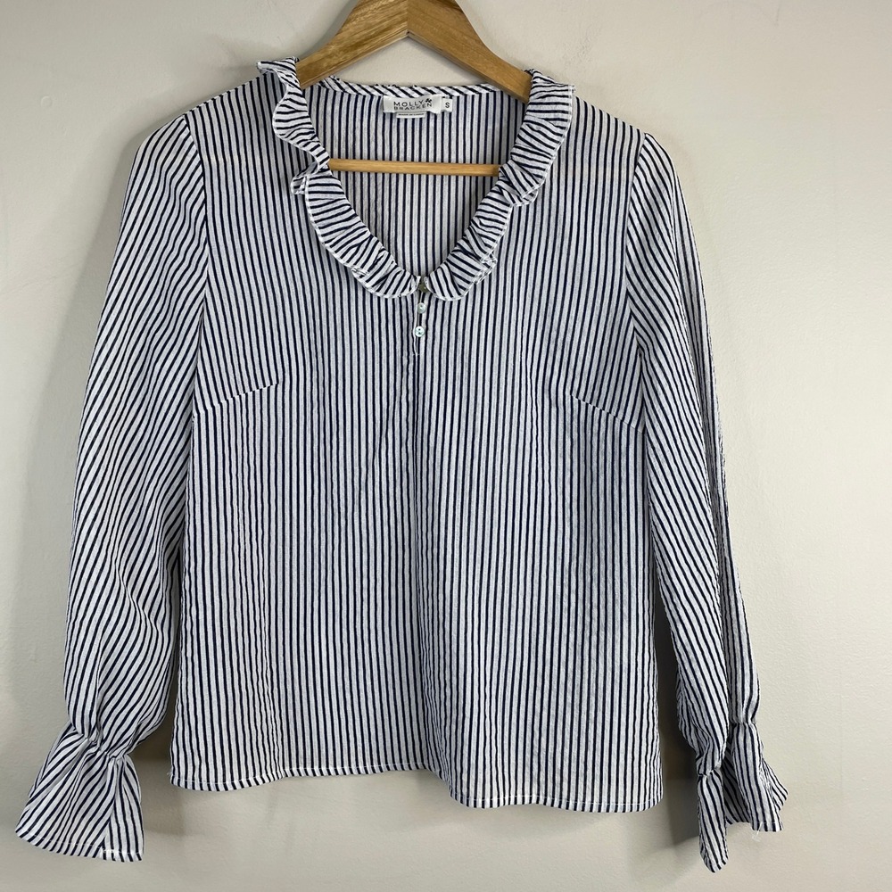 Ruffle Neck Romantic Top Small Twee Feminine Striped Poet Sleeve Capsule Neutral